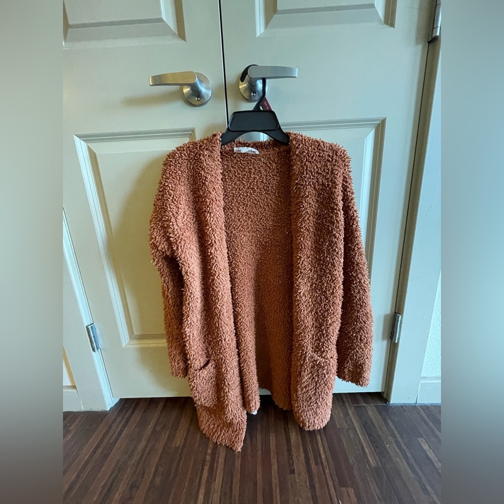 Pink Republic Fuzzy Popcorn Cardigan Womens Medium Brown Open Front Sweater